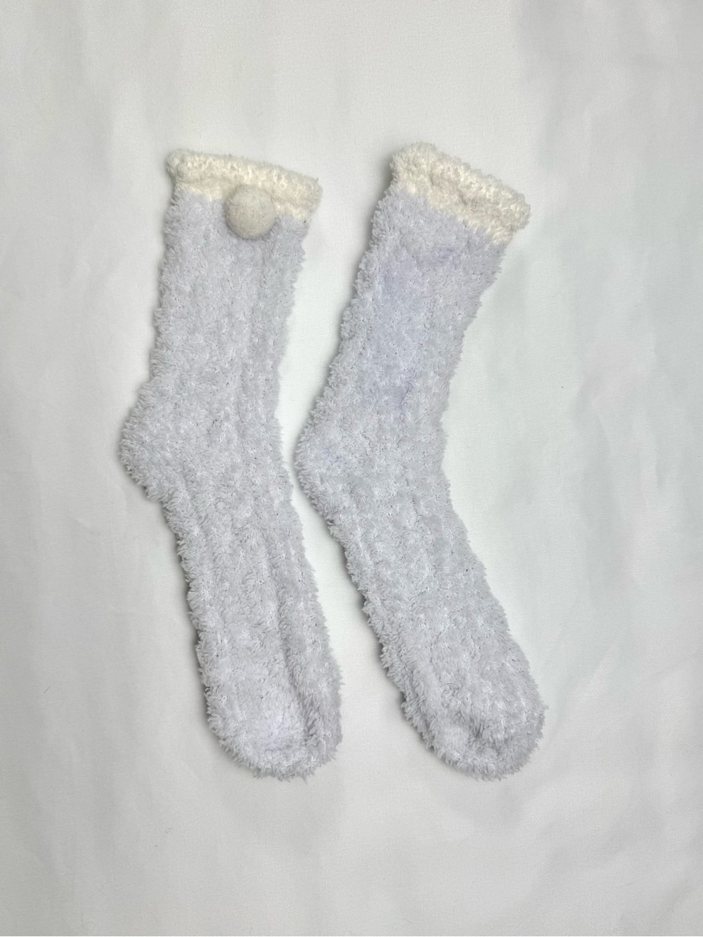 Plush Pale Lilac Knee-High Fuzzy Socks with Cream Pom Cuff - Picture 2 of 2